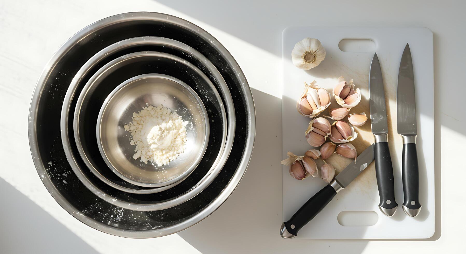 Preparing Food with Garlic and Mixing Bowls on White Surface photo