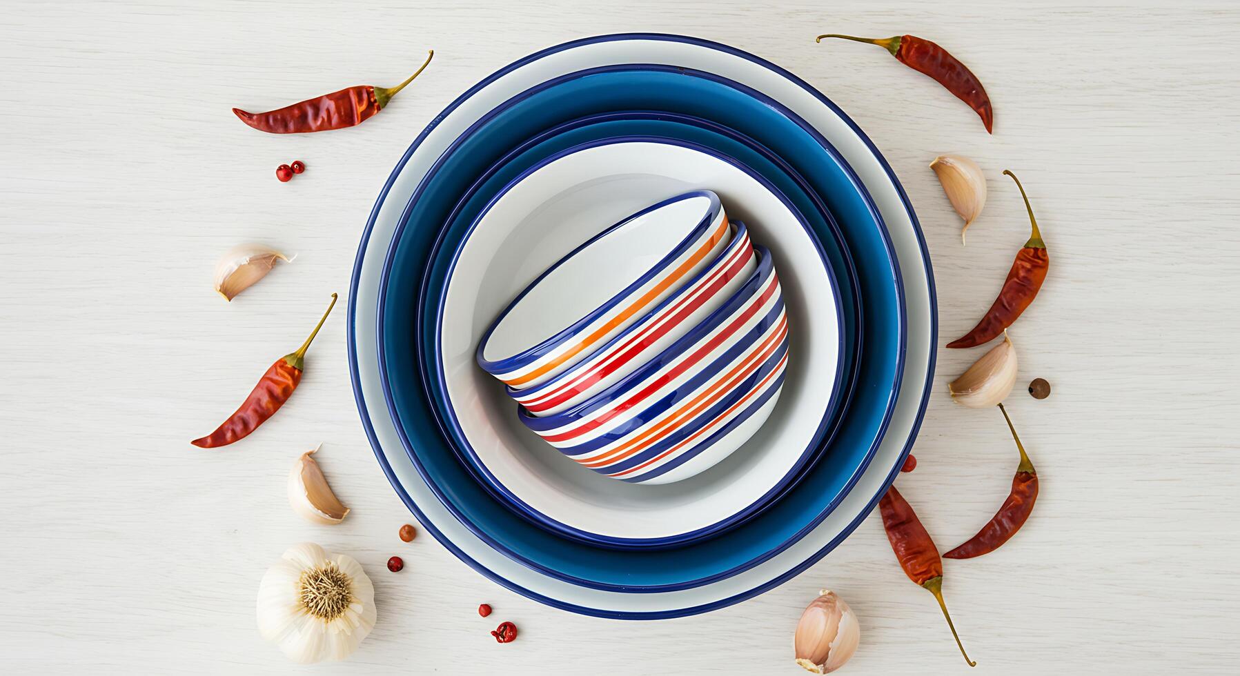 Arrangement of Kitchen Bowls with Garlic and Peppers on Table photo