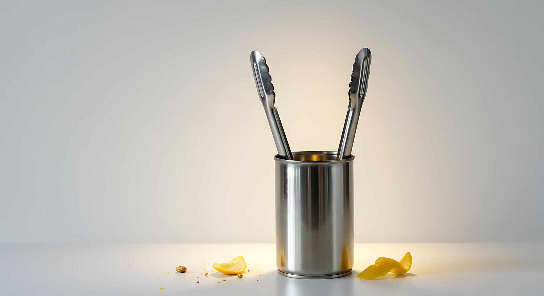 Kitchen Tongs Resting in Stainless Steel Holder with Lemon Peels photo