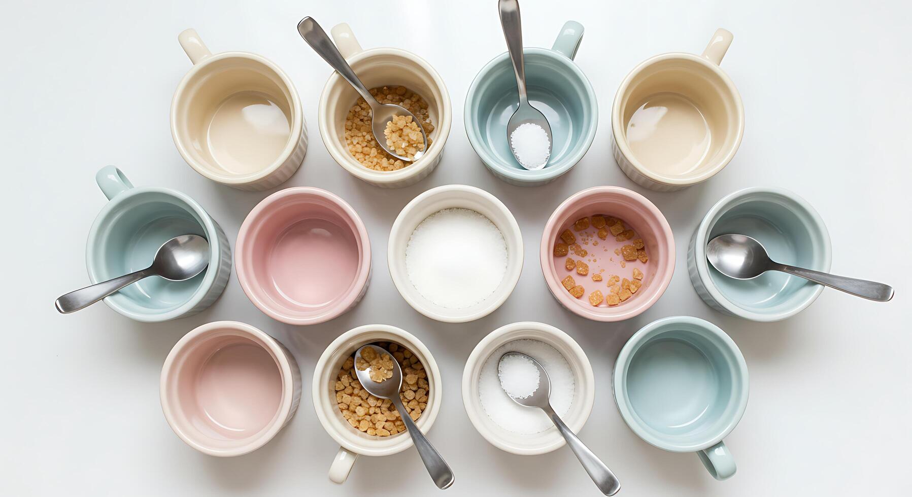 Different Sugars in Pastel Cups with Spoons Flat Lay photo
