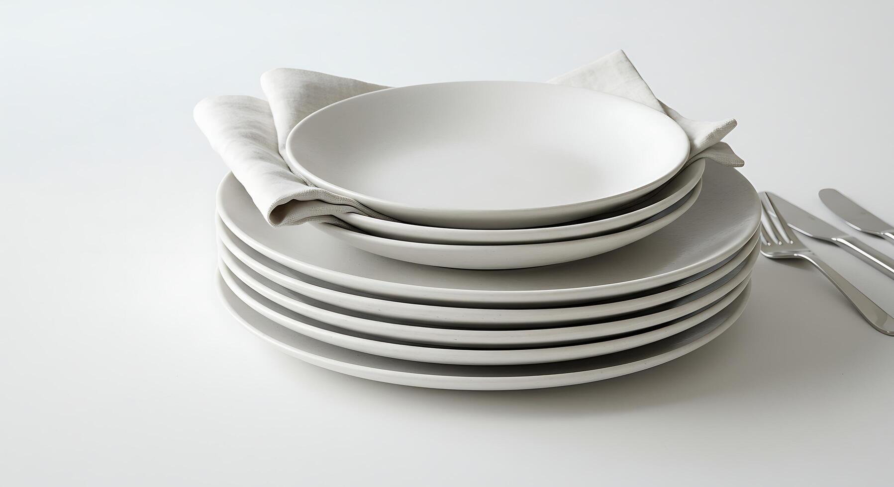 Stacked Plates with Linen Napkin and Silverware Simple Table Setting photo