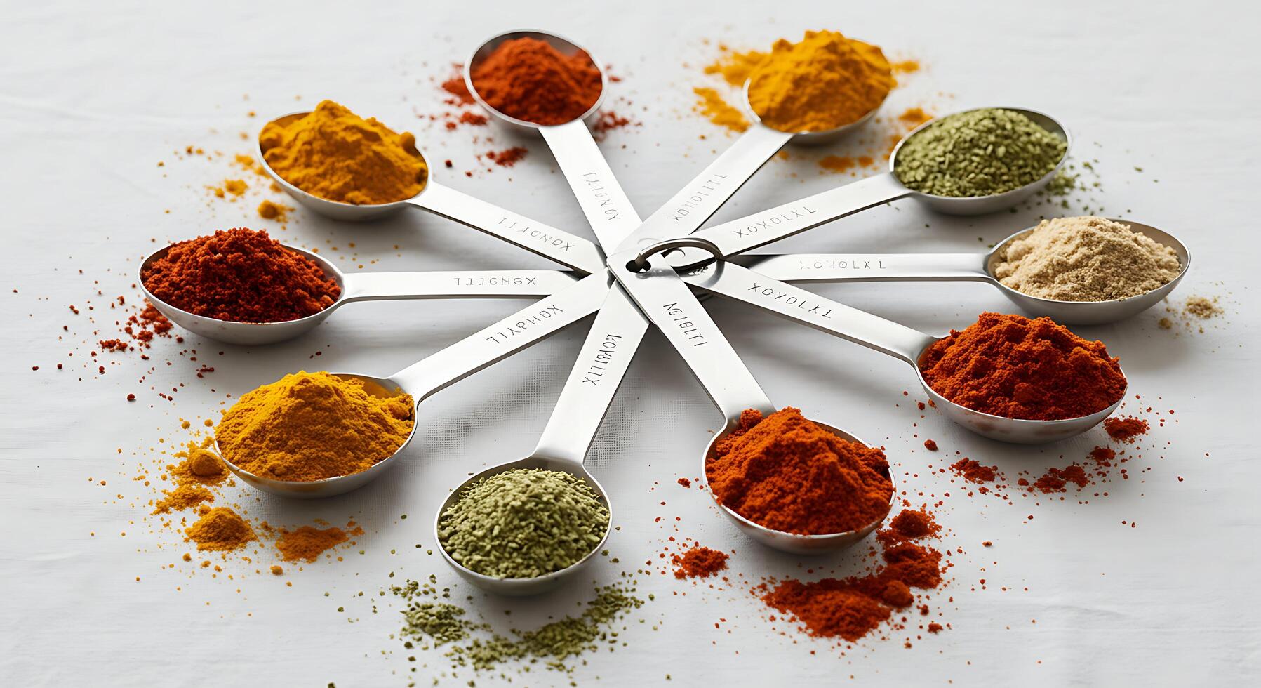 Measuring Spoons Filled with Colorful Spices Arranged in Circle photo