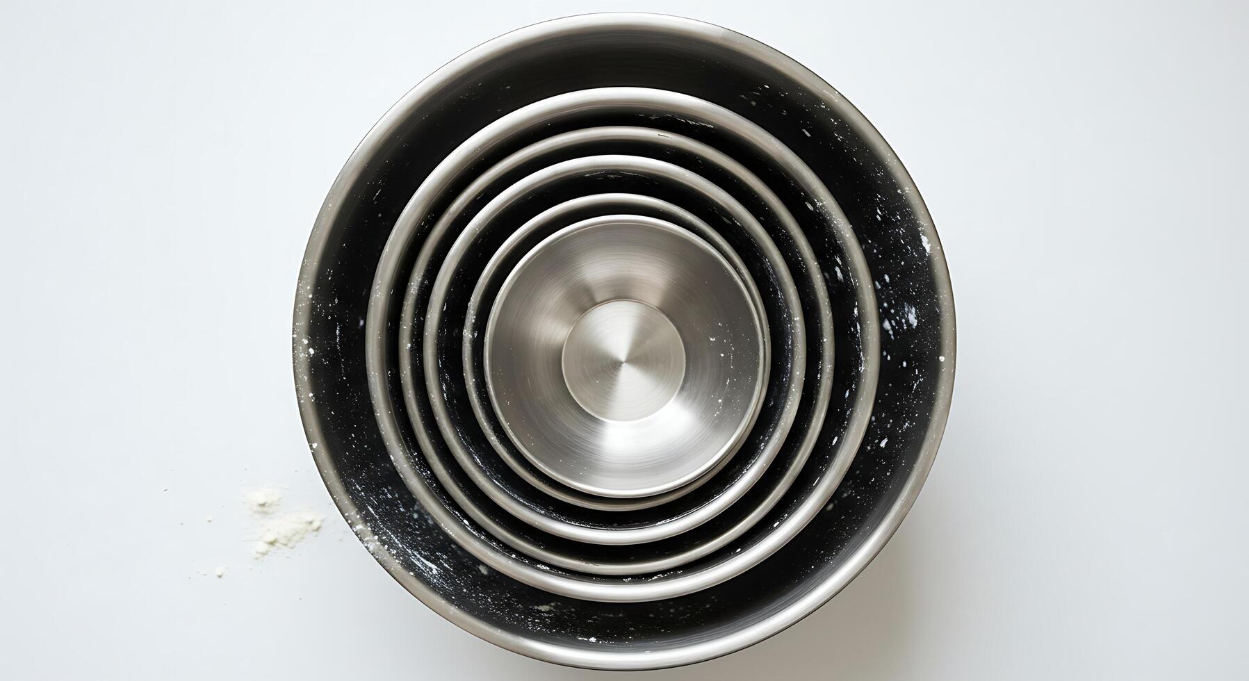 Nesting Stainless Steel Bowls Arranged on White Surface, Overhead View photo