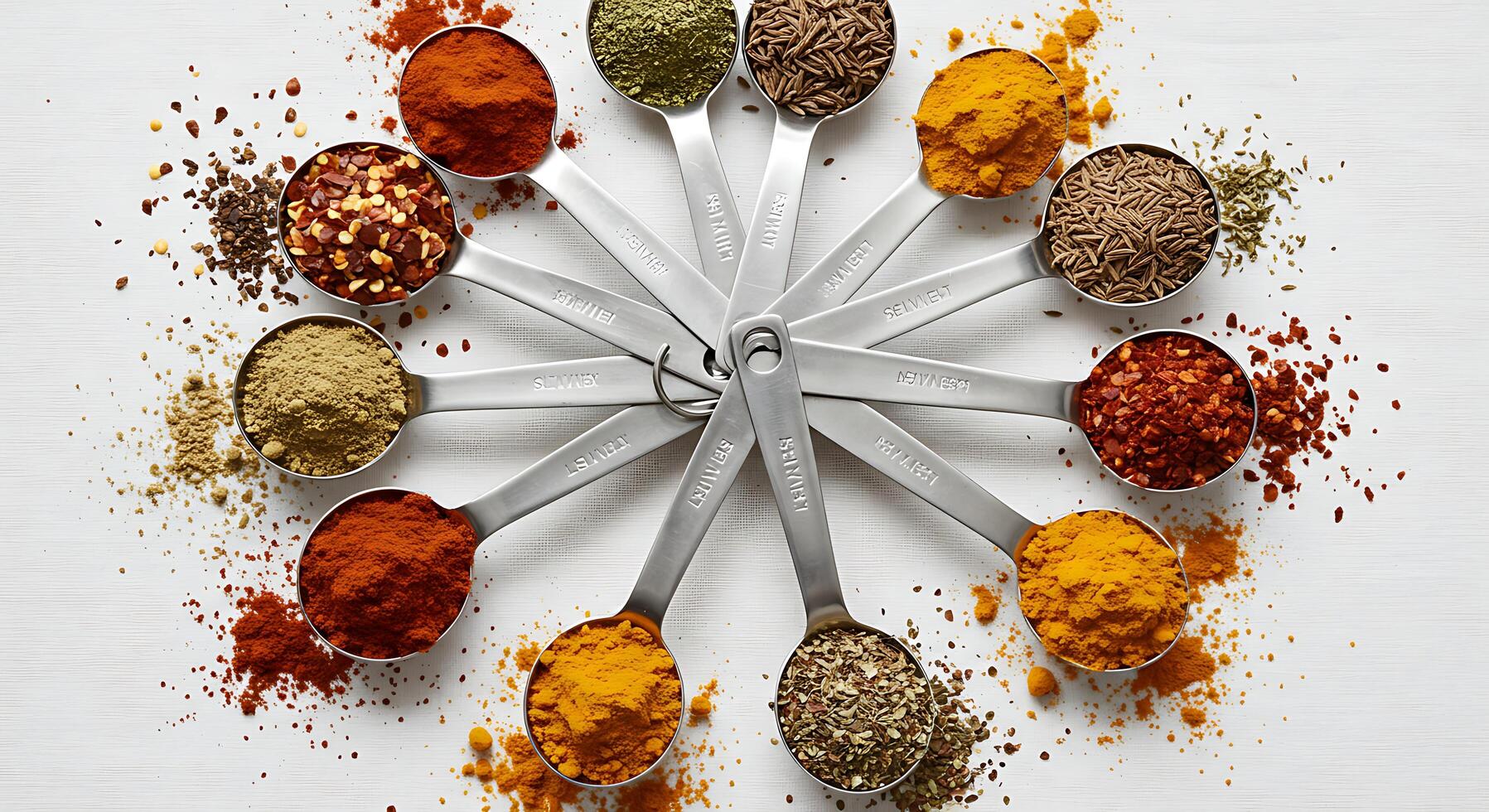 Arrangement of Measuring Spoons Filled with Various Spices photo