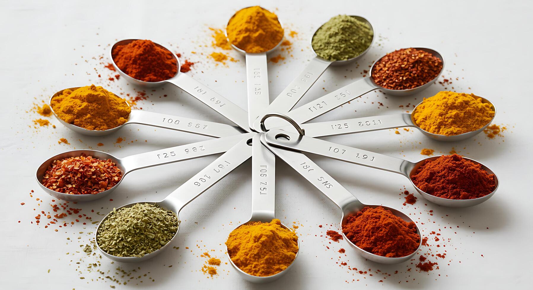 Measuring Spoons Filled with Colorful Spices Variety photo