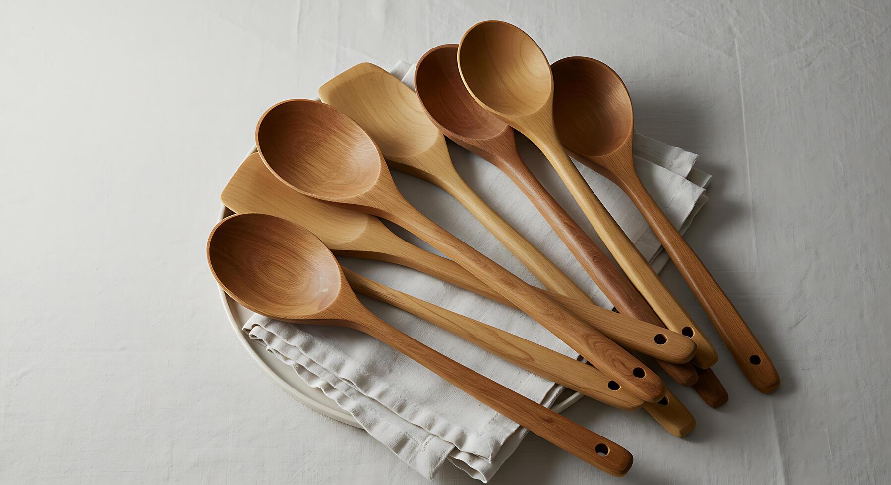 Arrangement of Wooden Spoons on Plate with Cloth photo