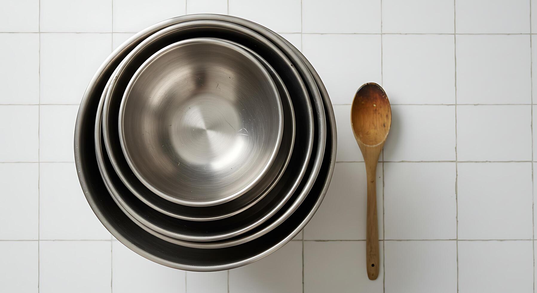 Arrangement of Nested Bowls and Wooden Spoon on Tile photo