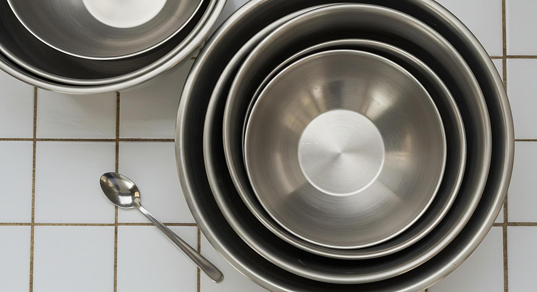 Arrangement of Bowls and Spoon on Tiled Surface Top View photo