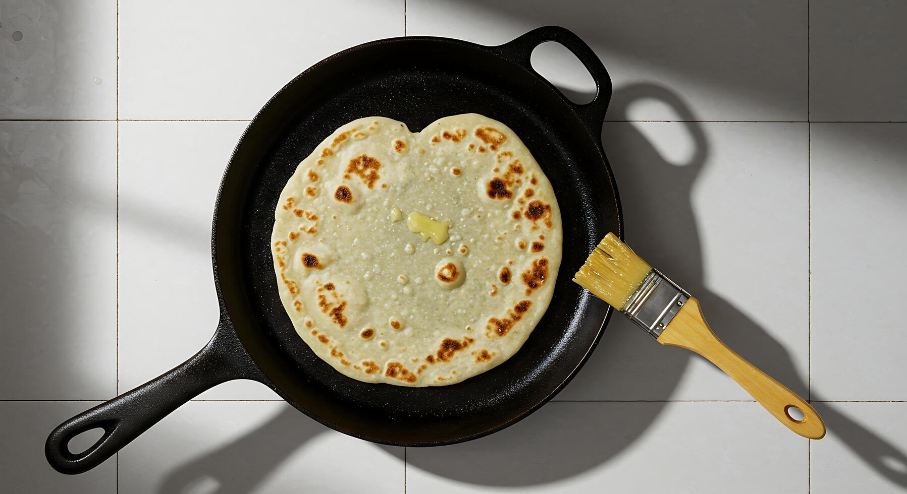 Cooking Flatbread in Cast Iron Pan with Butter and Basting Brush photo