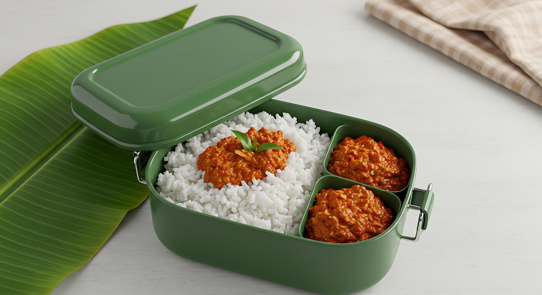 Rice and Sauce in Green Lunchbox with Banana Leaf photo