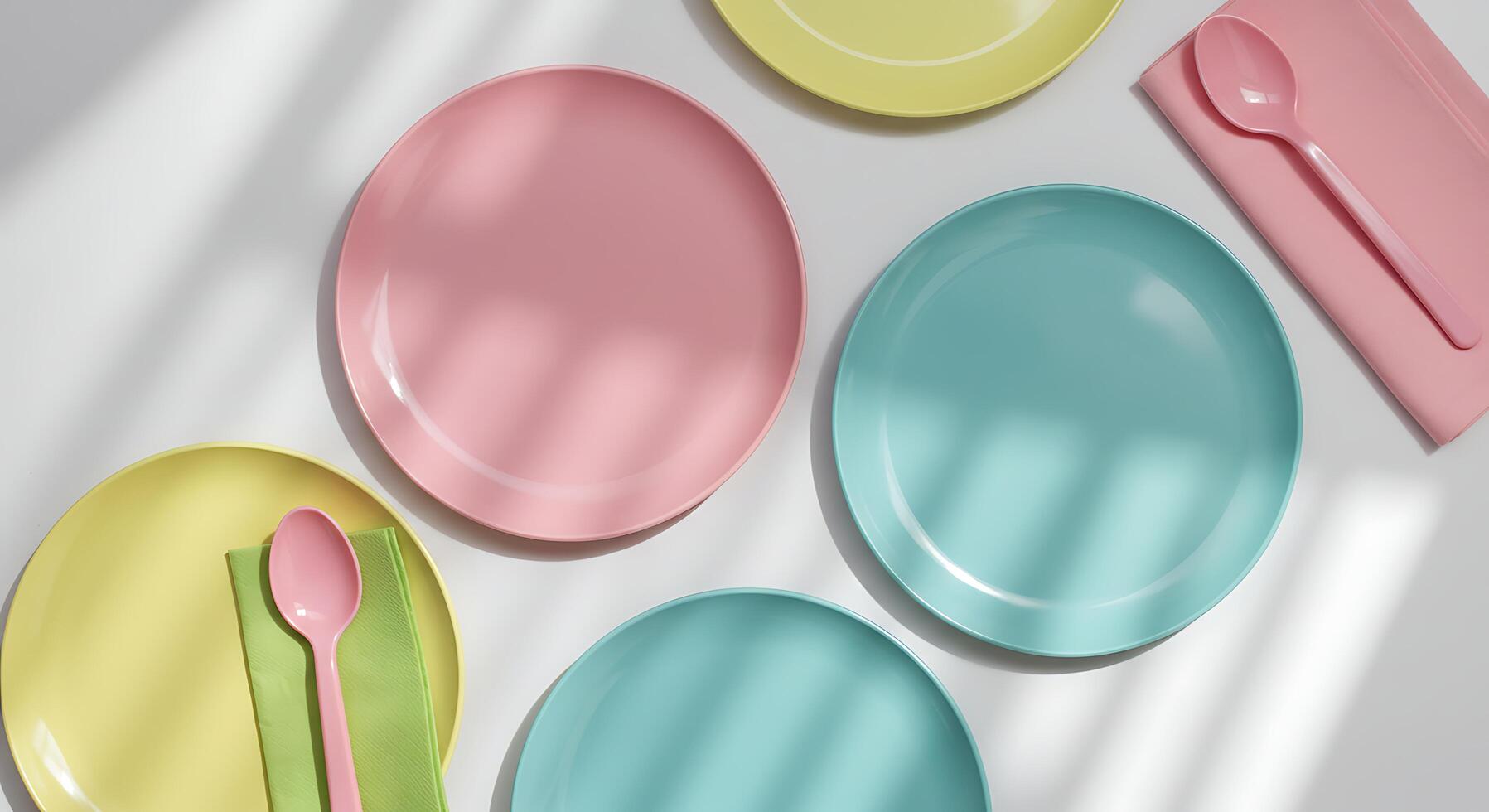 Pastel Plates and Utensils Flat Lay with Shadow photo