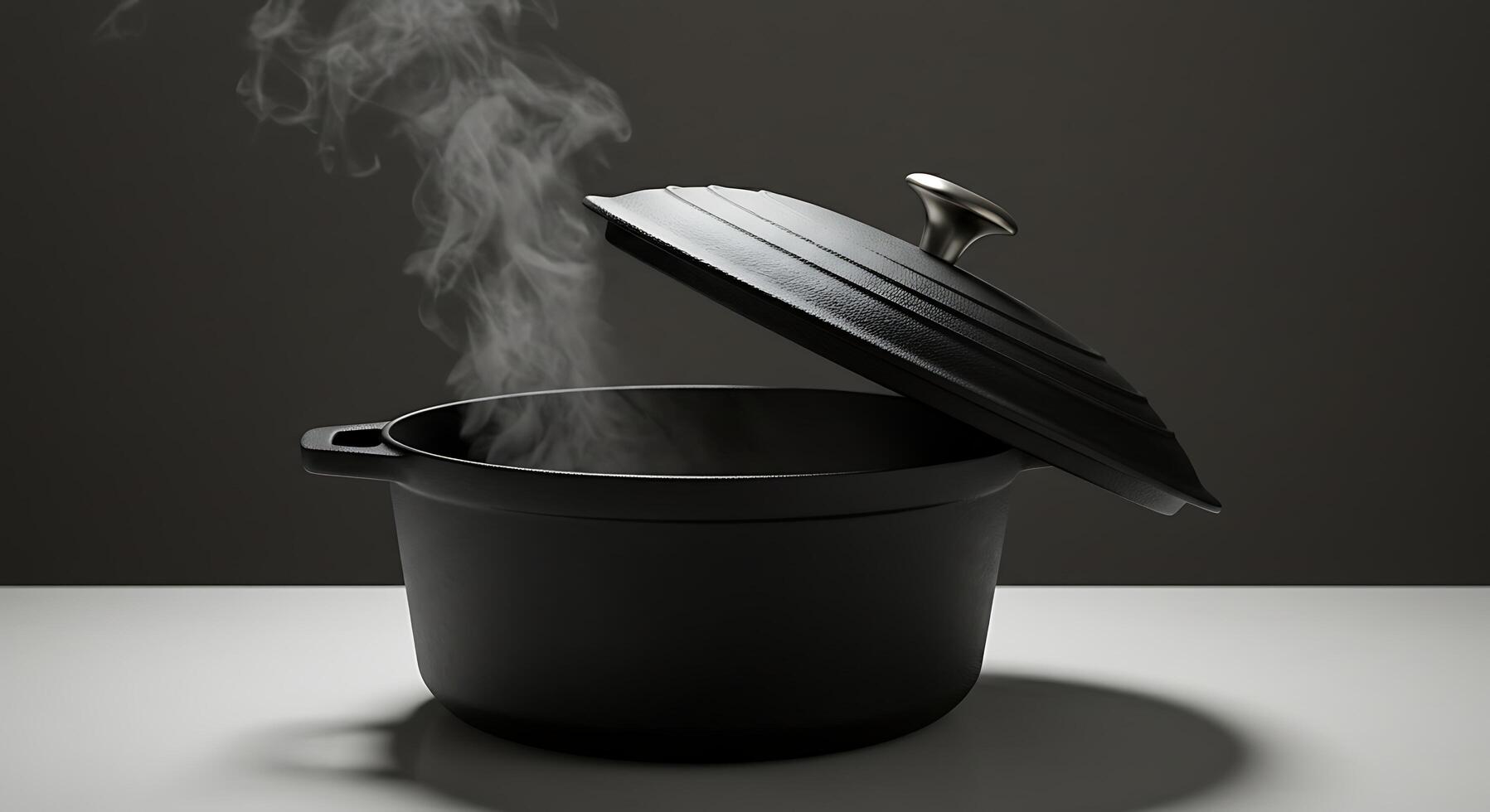 Steam Rising From Black Pot with Lid Ajar in Minimalist Setting photo