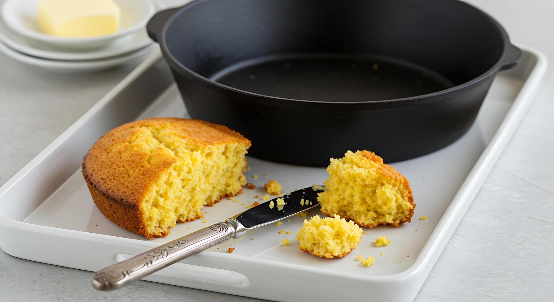 Serving Cornbread on Tray with Butter and a Cooking Pan photo