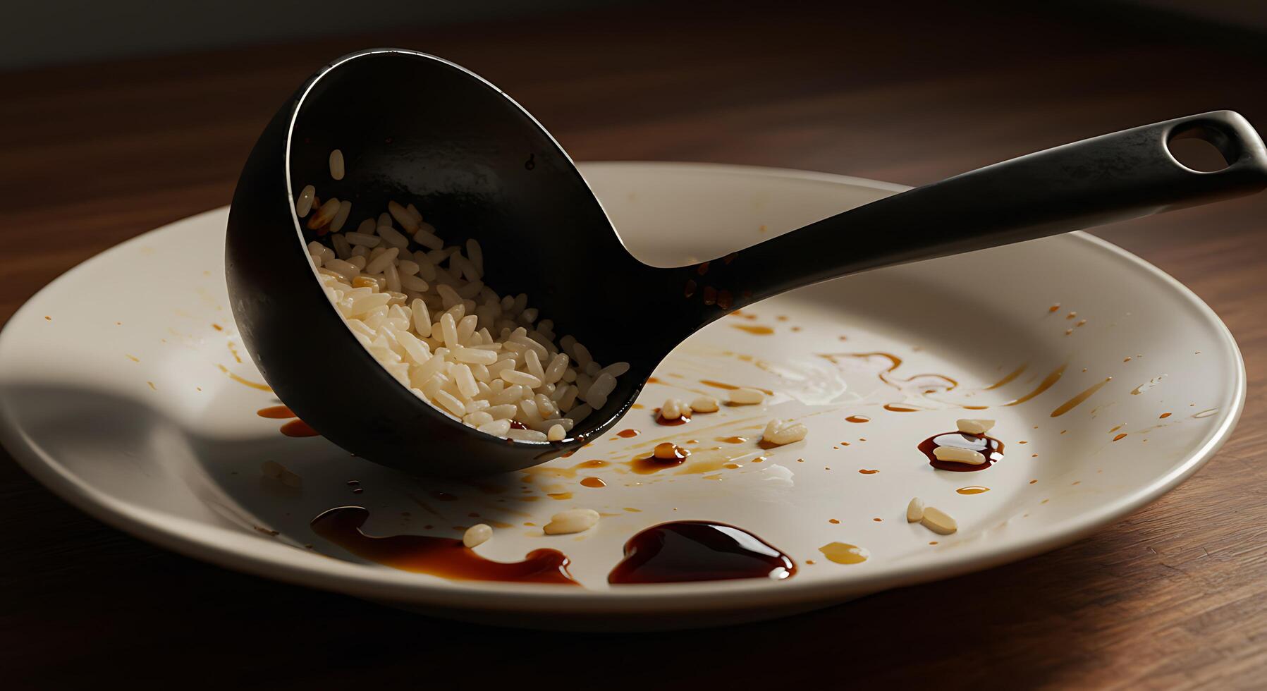 Scooping Rice From Plate with Ladle Leftovers photo