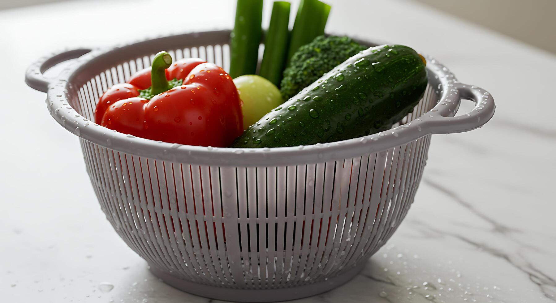 Vegetables in Colander Washed and Ready to Eat photo