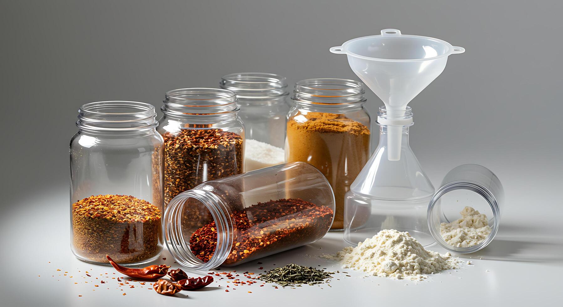 Filling Jars with Spices Still Life Arrangement on Gray Background photo
