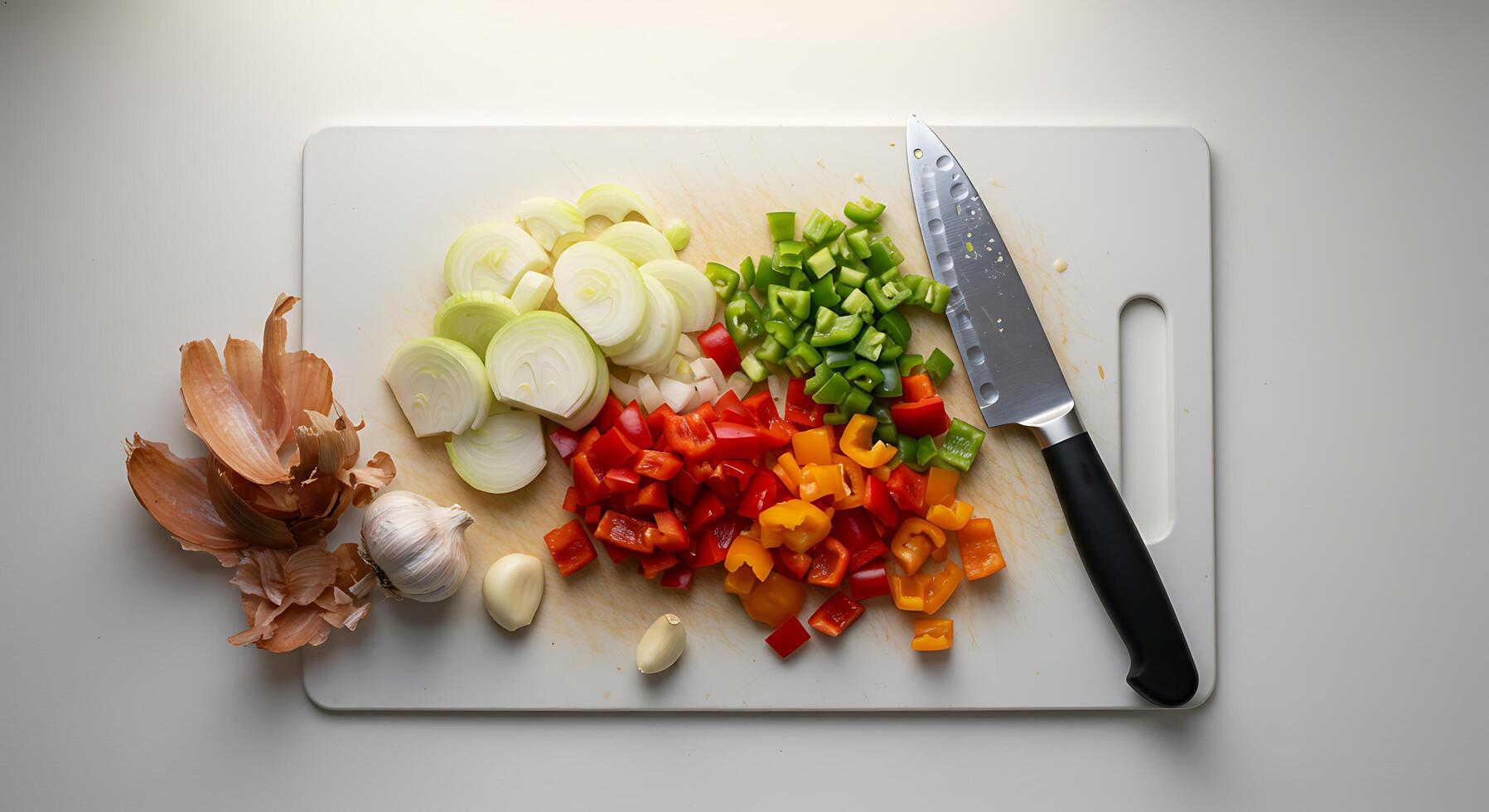 Chopped Vegetables on Cutting Board with Knife Overhead Shot photo