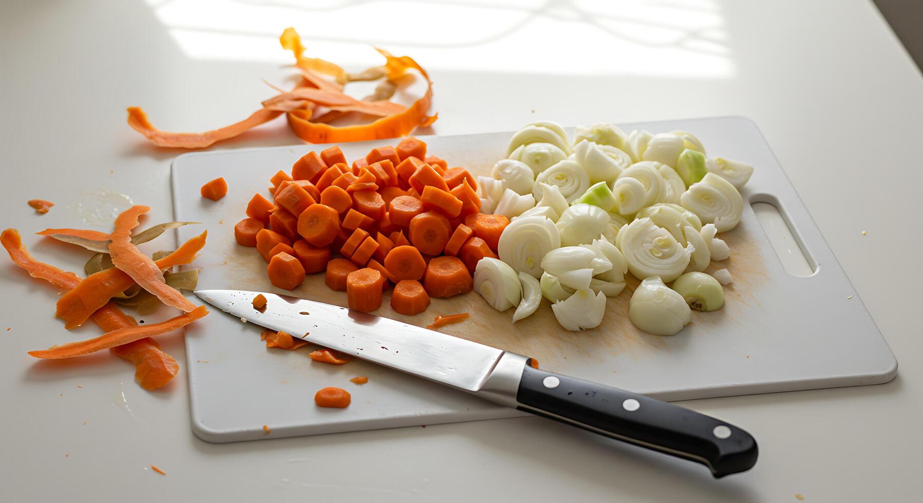 Preparing Vegetables Diced Carrots and Onions on Cutting Board photo