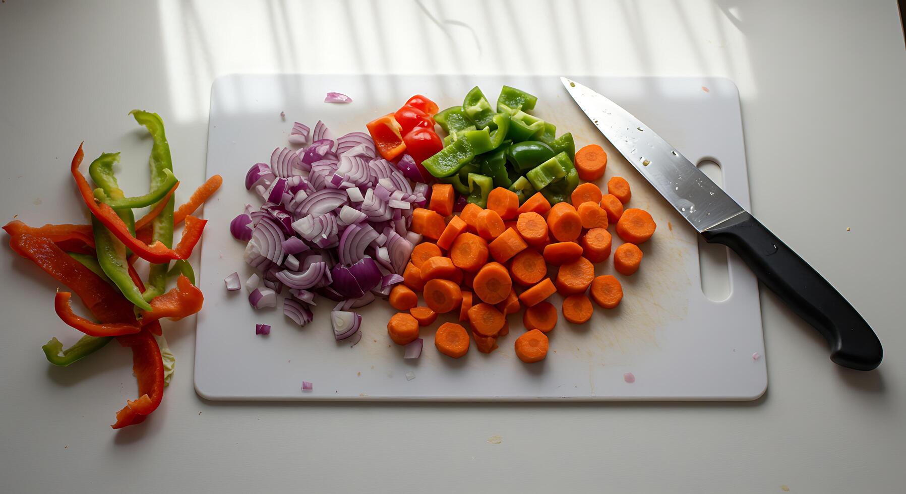 Chopped Vegetables on Cutting Board Ready for Cooking photo