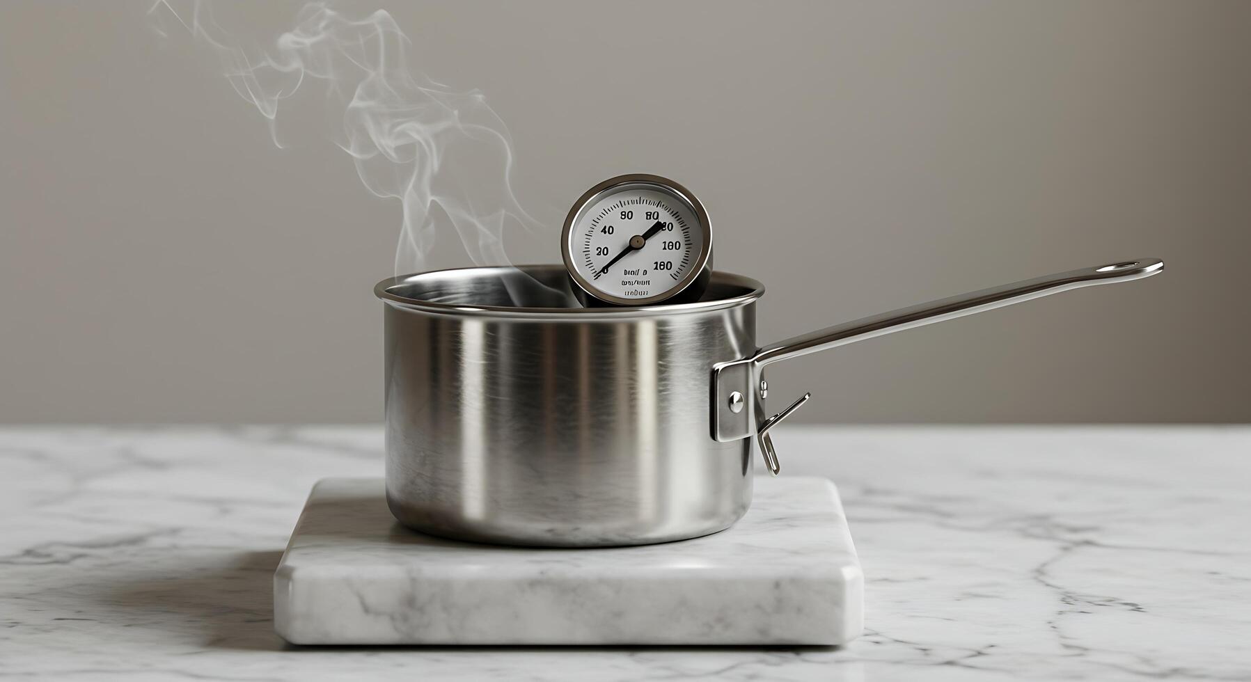 Cooking Pot with Thermometer Showing Heat and Steaming on a Marble Surface photo
