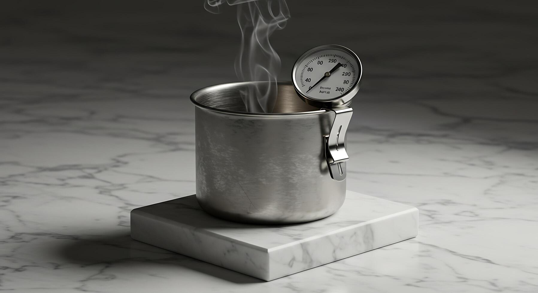 Steaming Liquid in a Metal Cup with Thermometer on a Marble Surface with Grey Tones photo