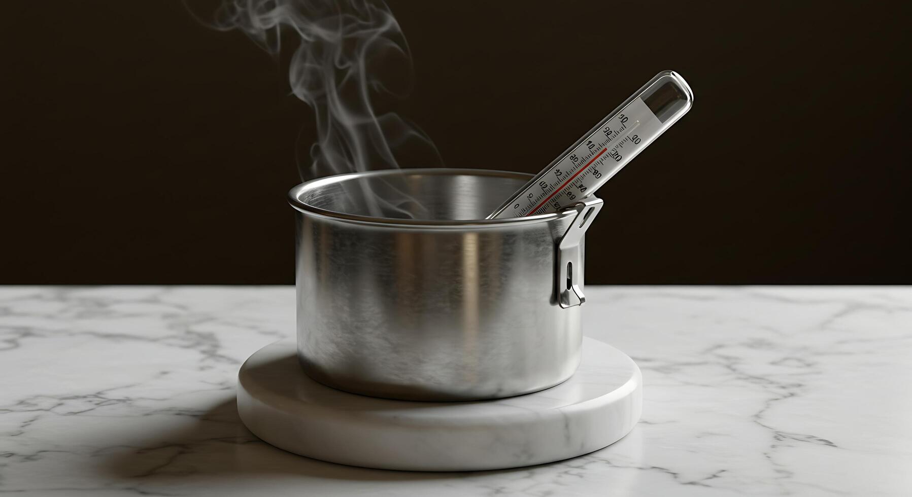 Steaming Pot with Thermometer Cooking on Marble Surface Closeup Food Preparation photo