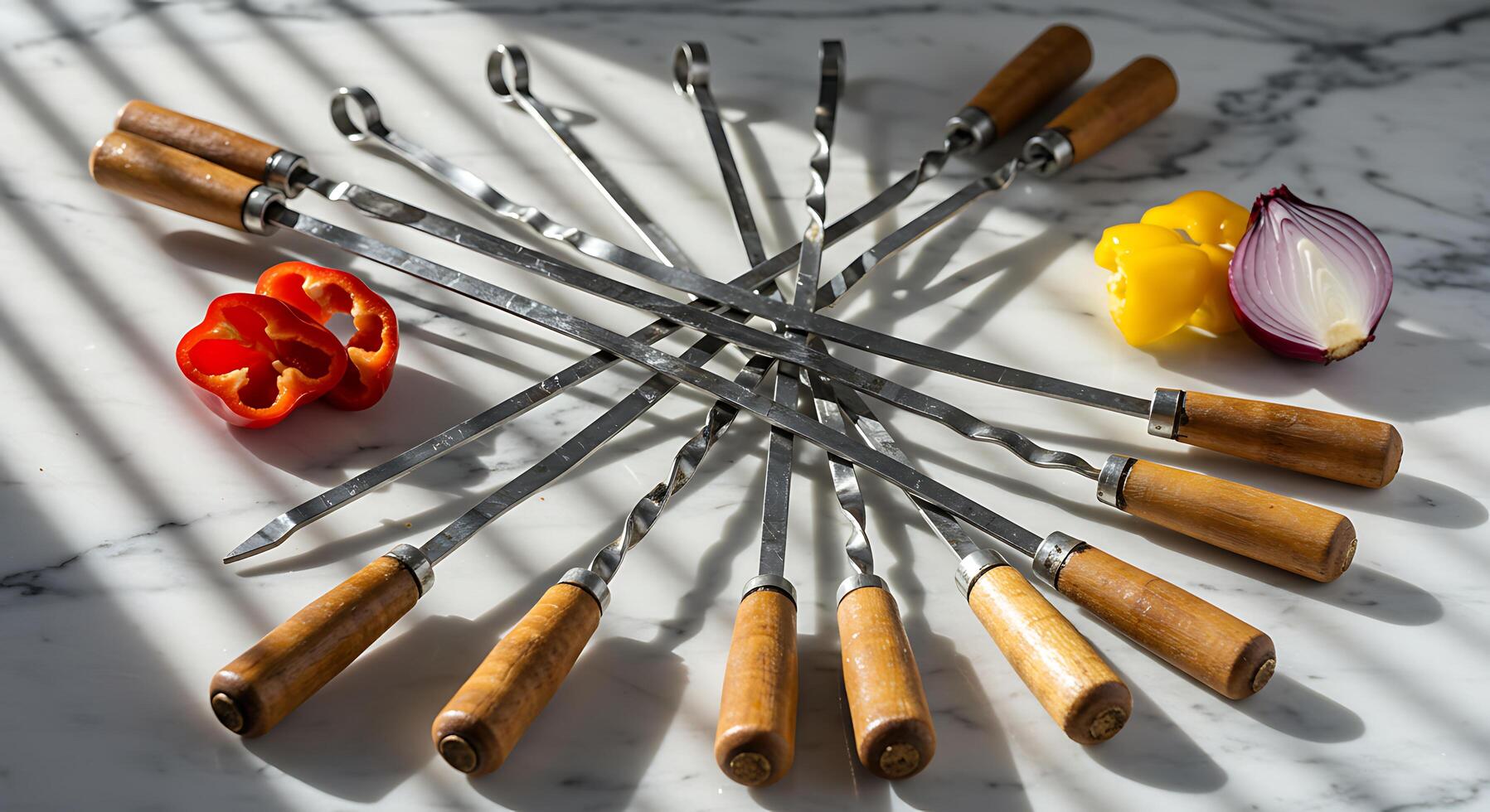 Metal Skewers with Wooden Handles and Fresh Vegetables on a Marble Surface photo
