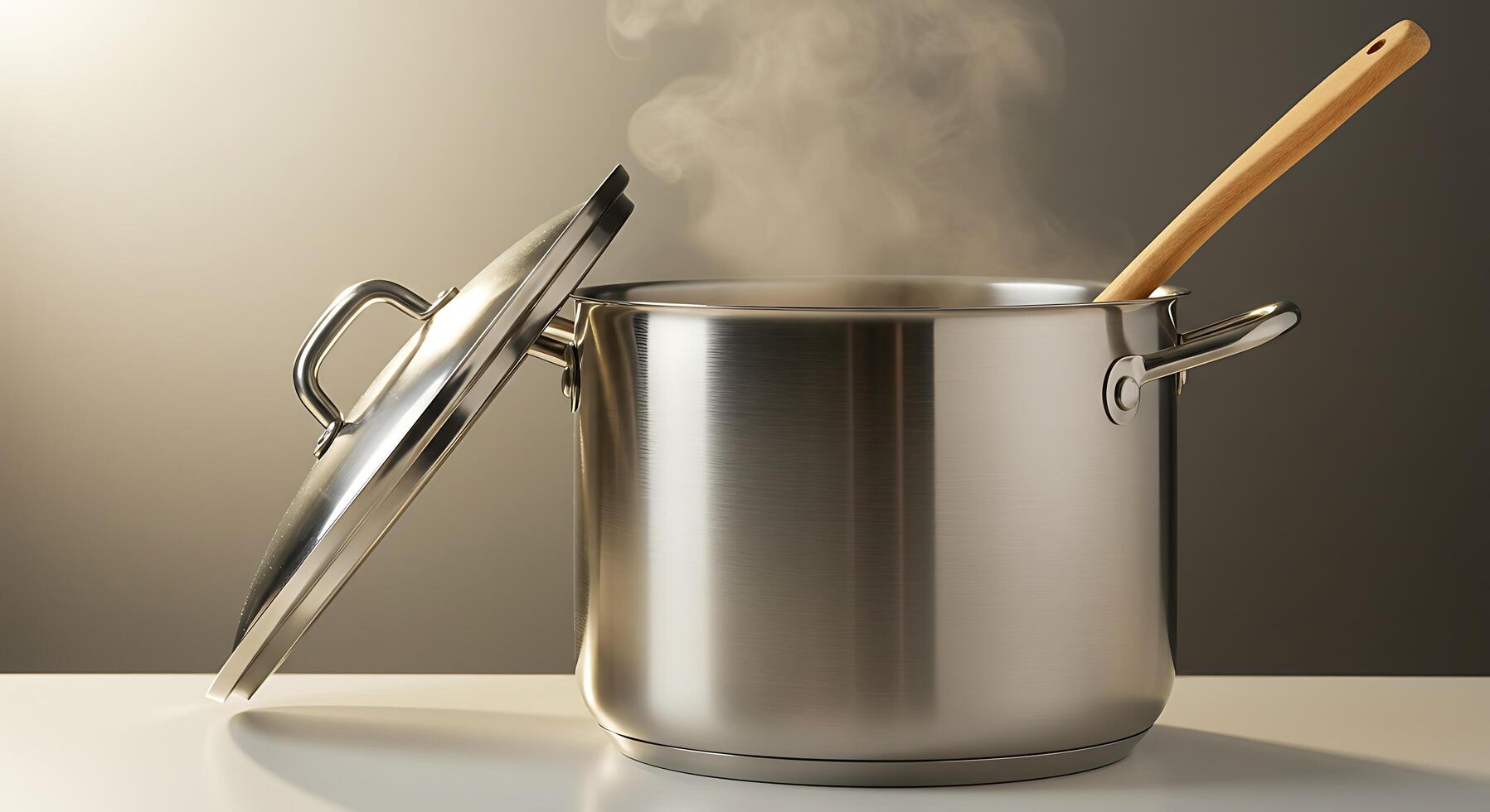 Steam Rises From Cooking Pot with Lid and Wooden Spoon Inside photo