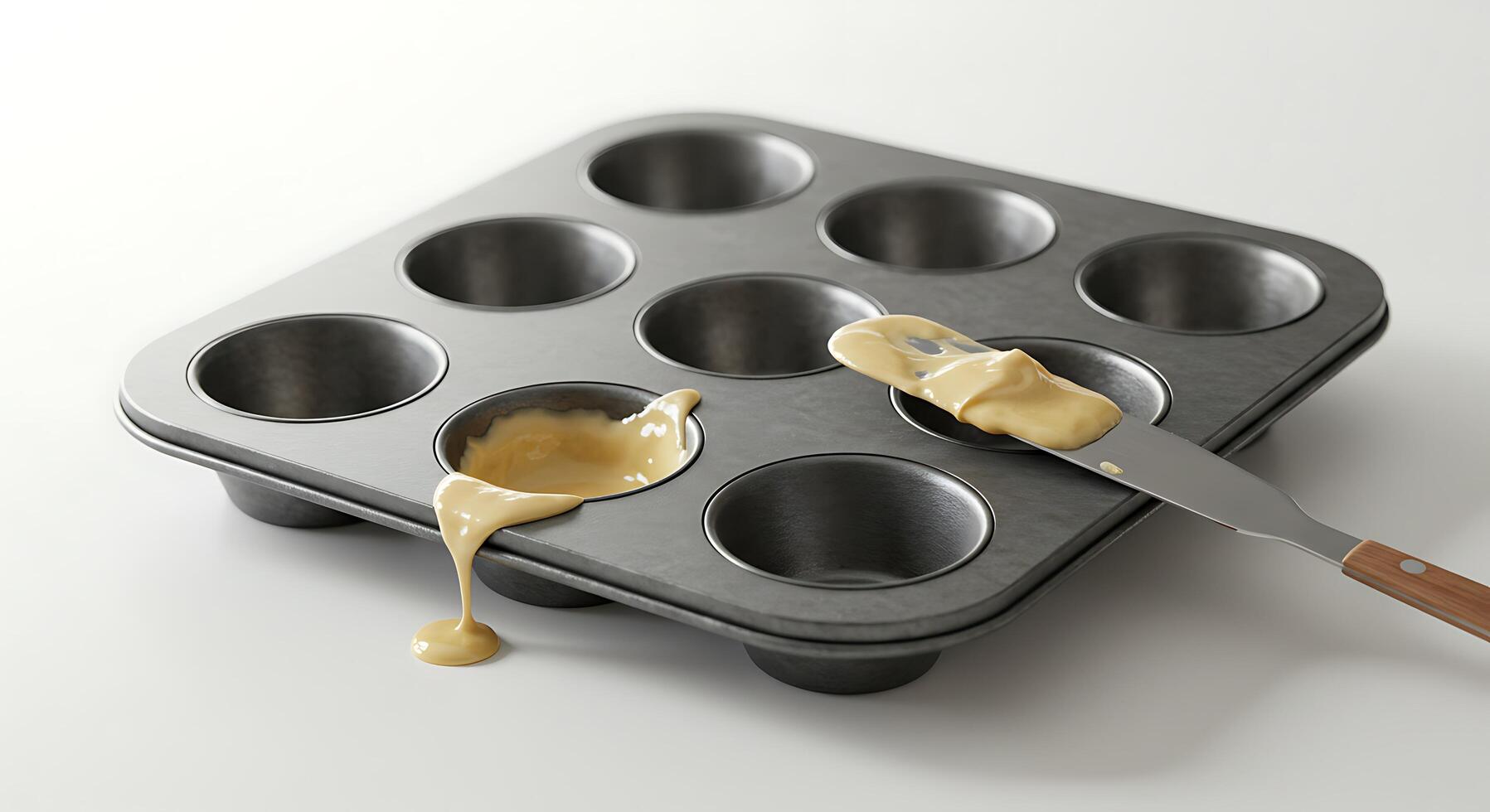 Pouring Batter Into a Muffin Tin Using a Spatula, Baking Preparation photo