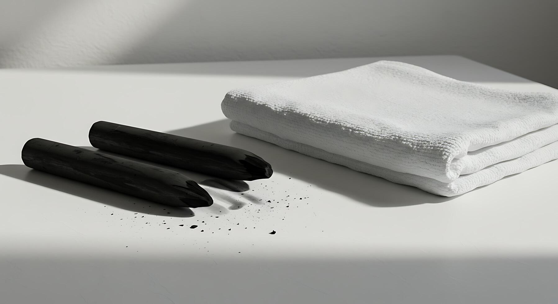 Charcoal Sticks and White Towels on a Clean White Surface Creating Contrast photo