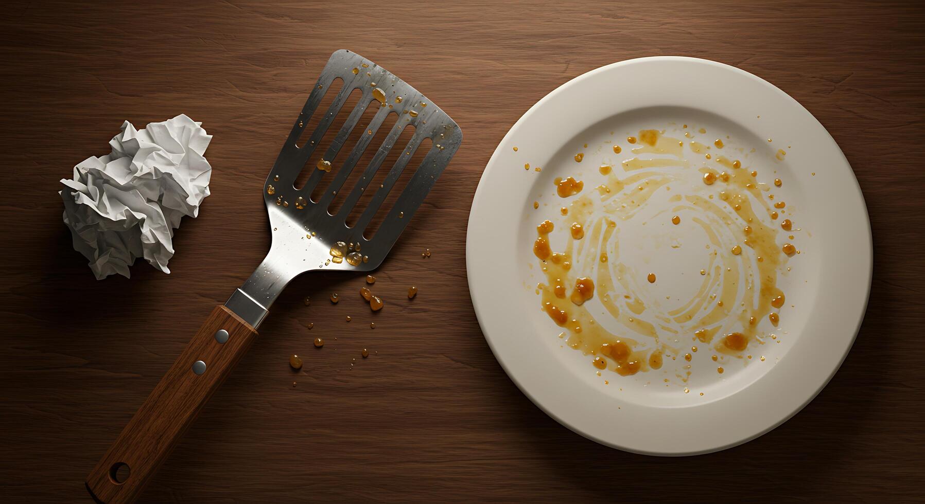 Dirty Plate with Food Scraps and Spatula on a Wooden Table photo