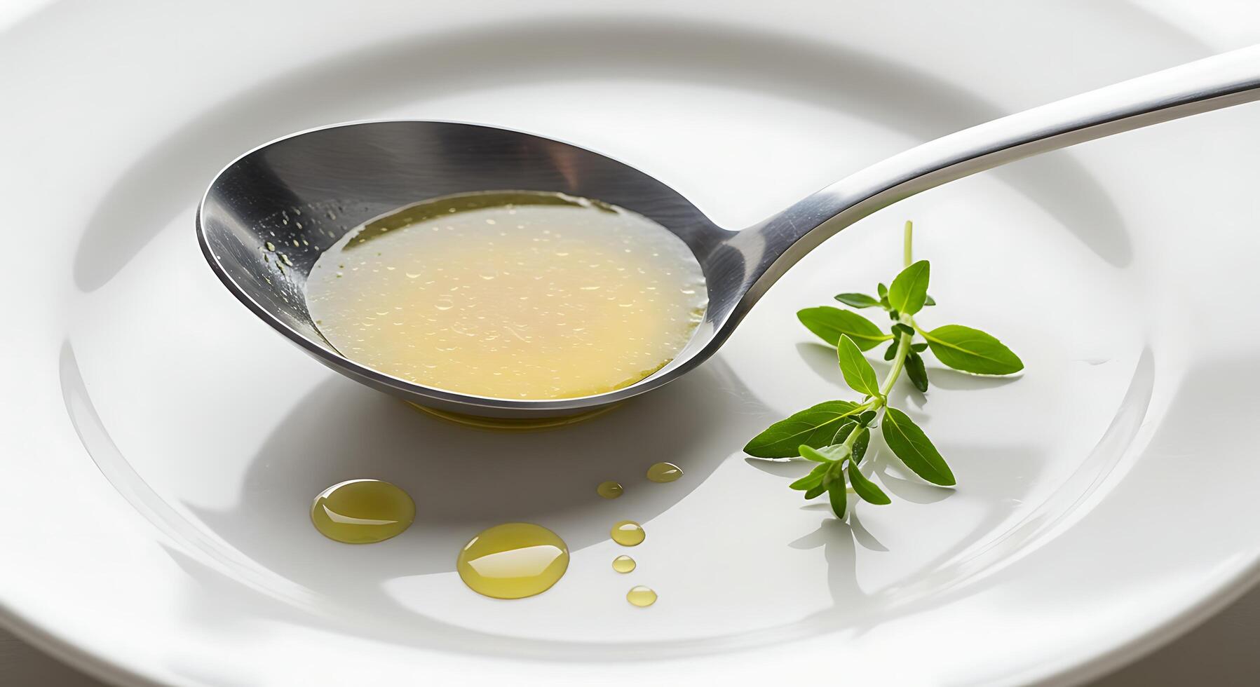 Broth in Spoon with Thyme Herb on White Plate Still photo