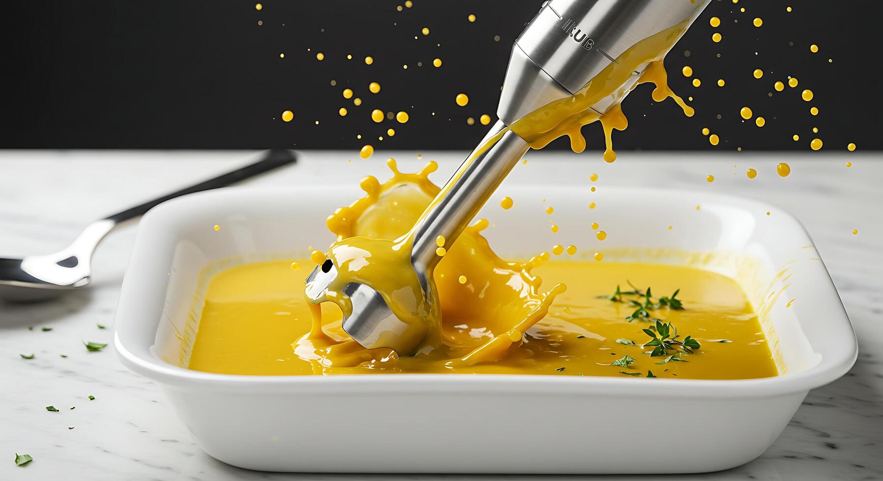 Immersion Blender Blending Soup Creating Splashes and Bubbles Close Up on Marble Surface photo