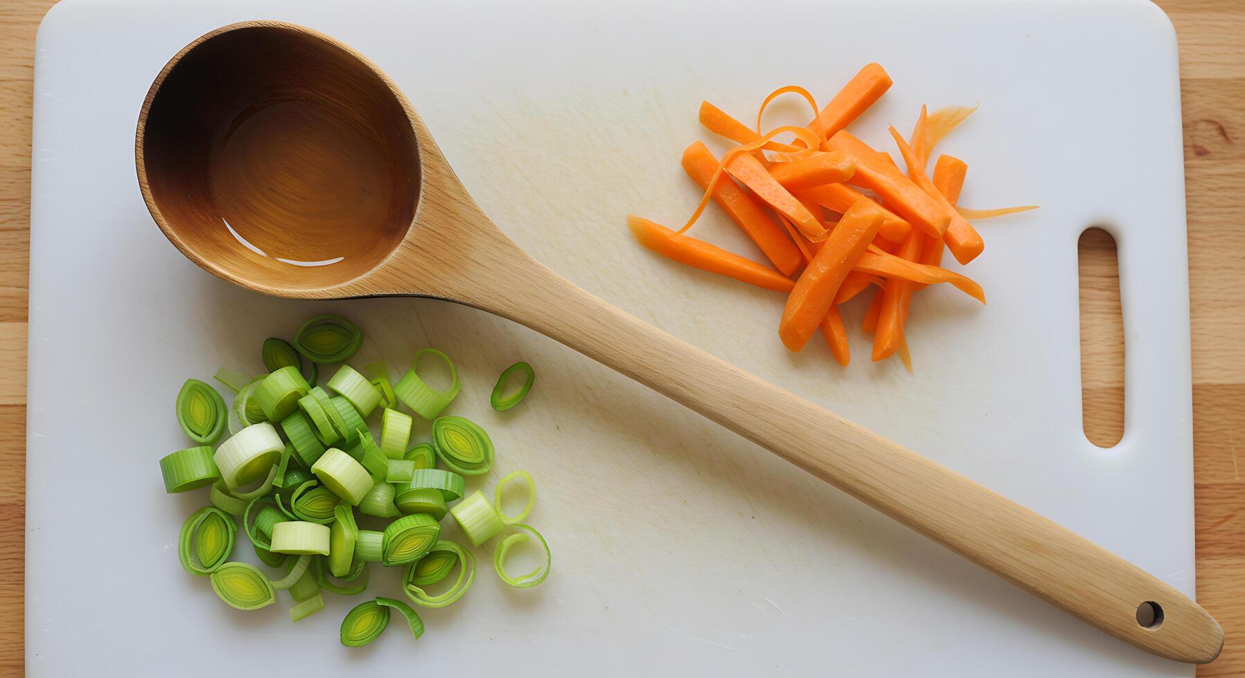 Preparing Food with Fresh Leeks Carrots and a Wooden Spoon on Cutting Board photo