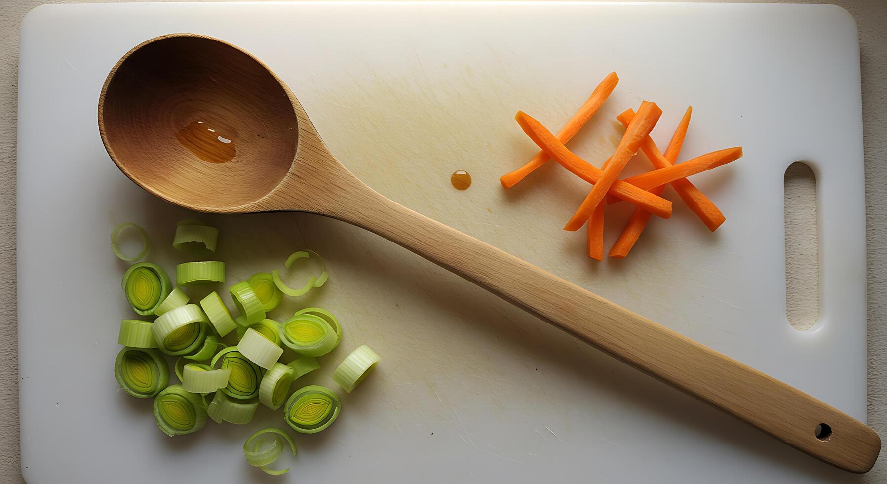 Preparing Fresh Vegetables with Wooden Spoon on White Cutting Board photo