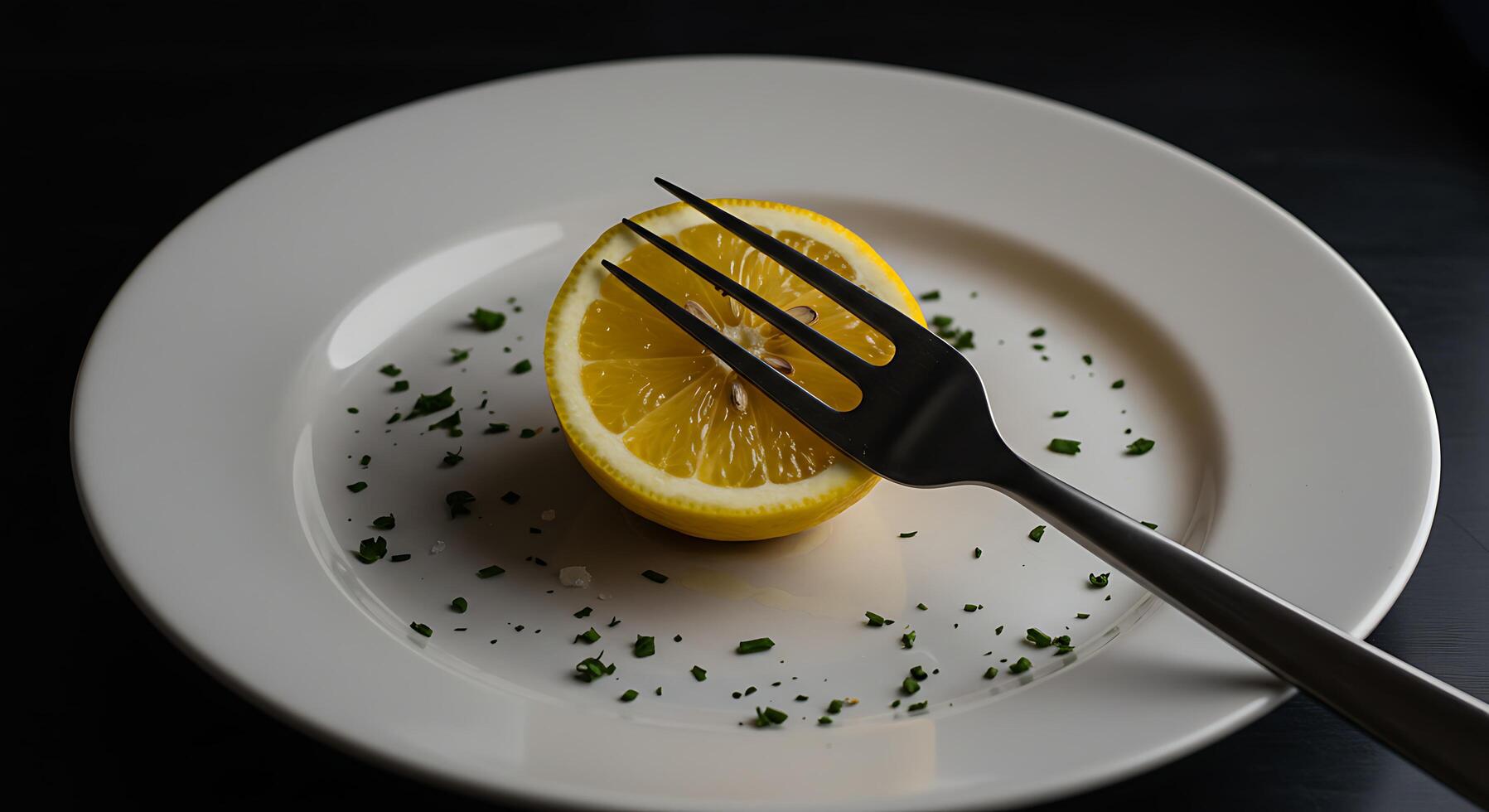 Lemon Slice on Plate with Fork and Herbs for Culinary and Food Photography photo