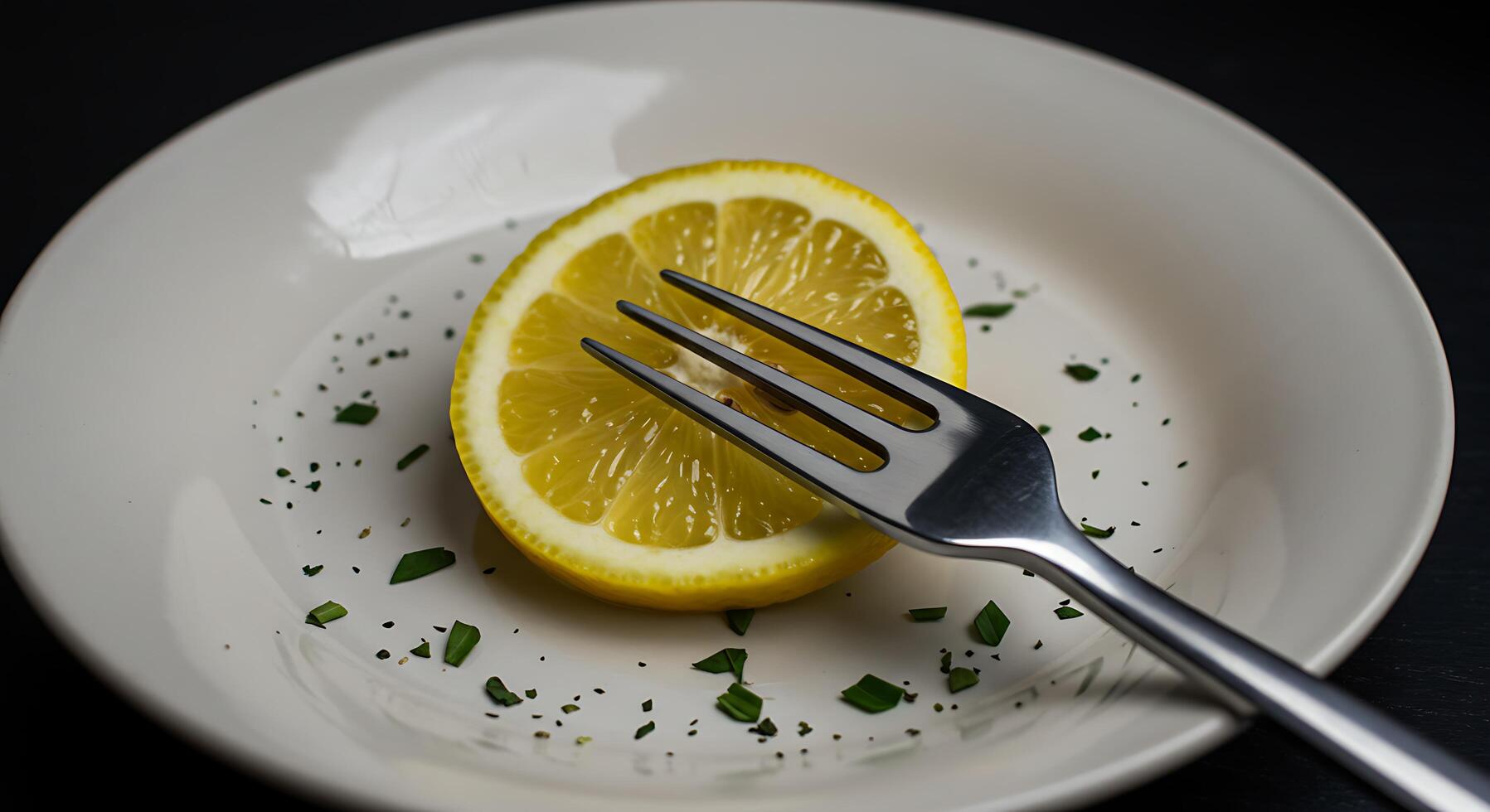 Lemon Slice with Fork on Plate Culinary Still Life with Green Herbs photo