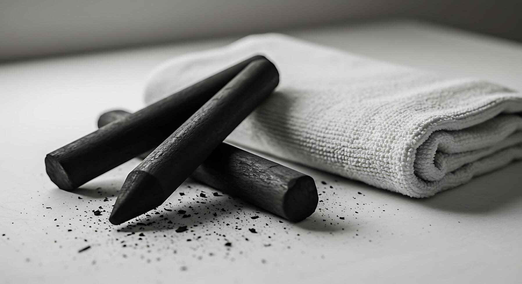 Arrangement of Art Charcoal Sticks with White Towel on Table Surface photo