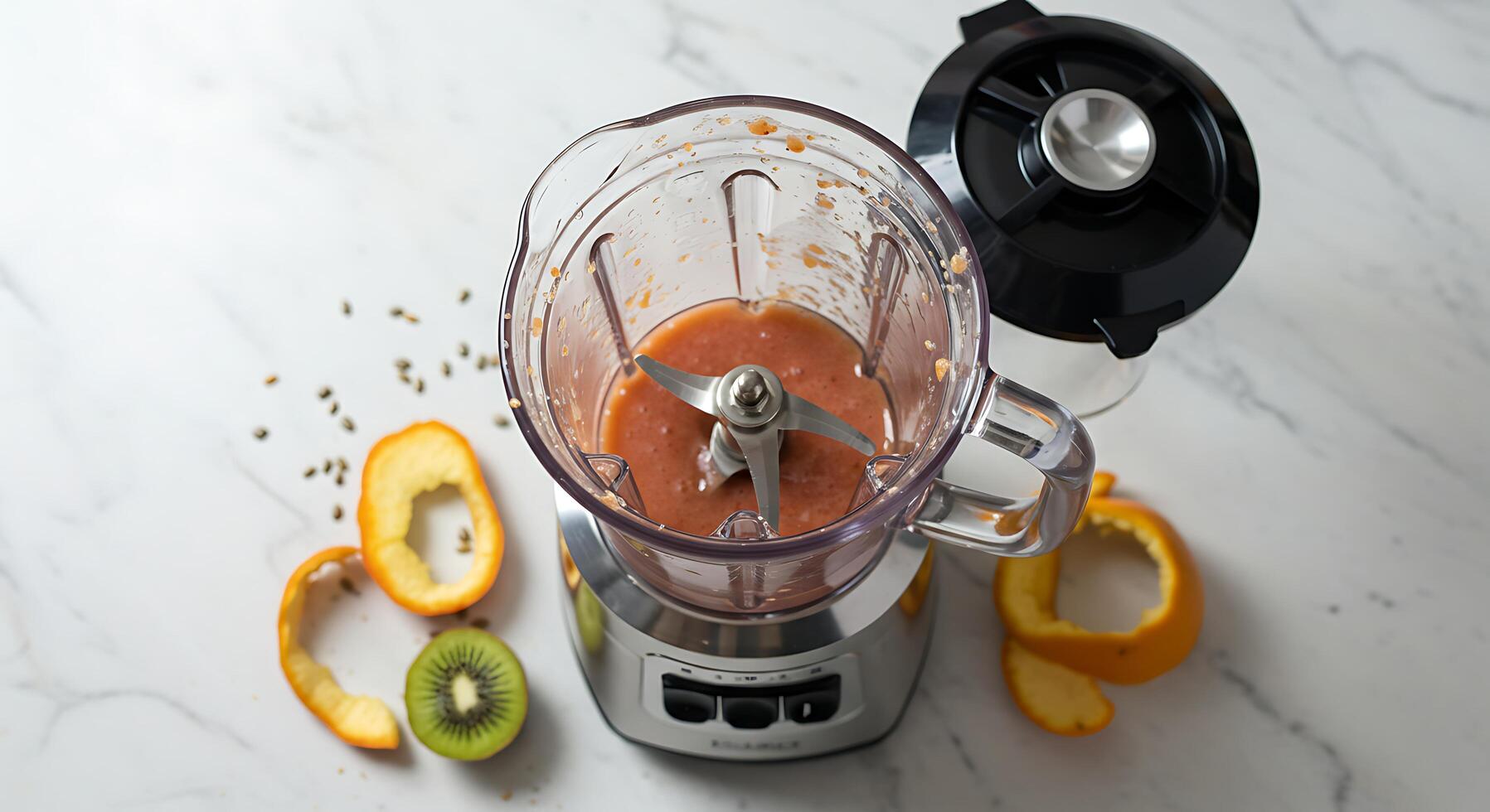 Blending Fresh Fruit Smoothie for Healthy Lifestyle on Marble Countertop photo