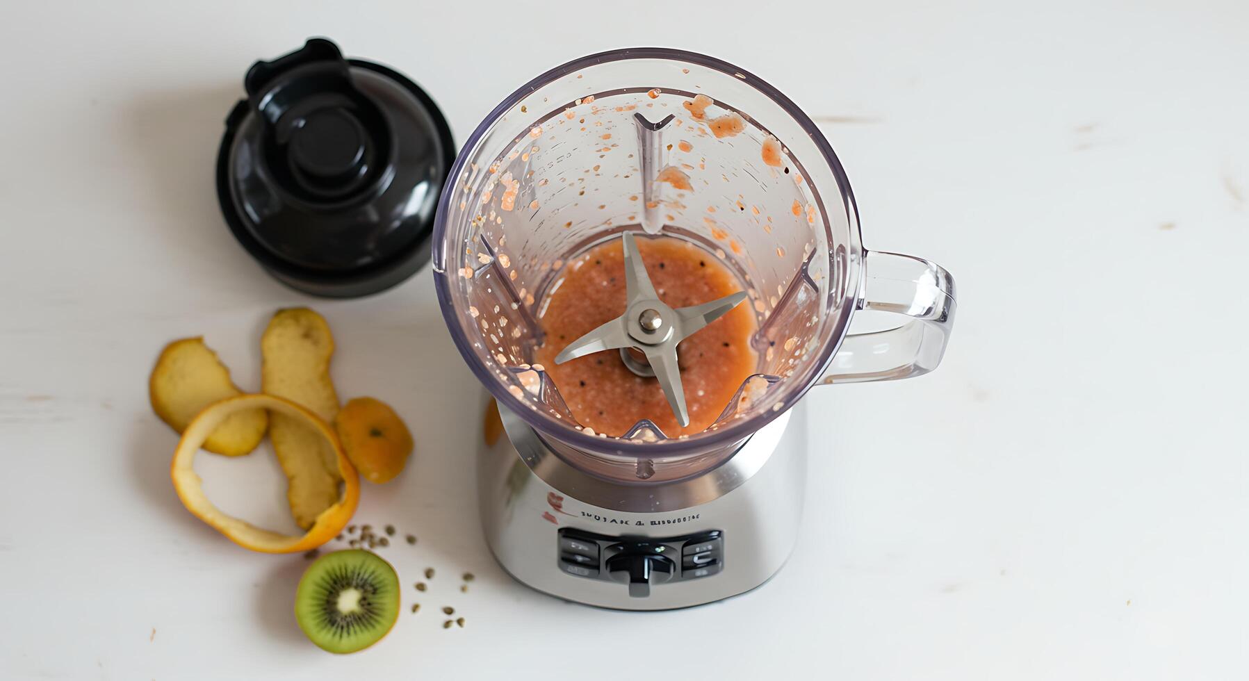 Making Smoothie with Blender and Fresh Fruit on White Countertop photo