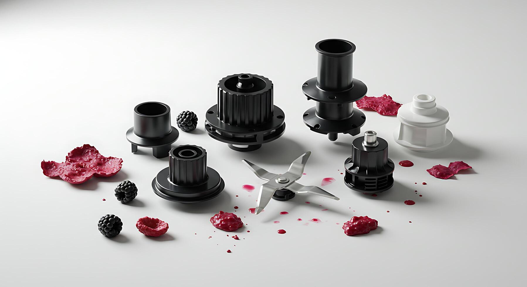 Arrangement of Food Processor Parts and Berries on White Surface photo