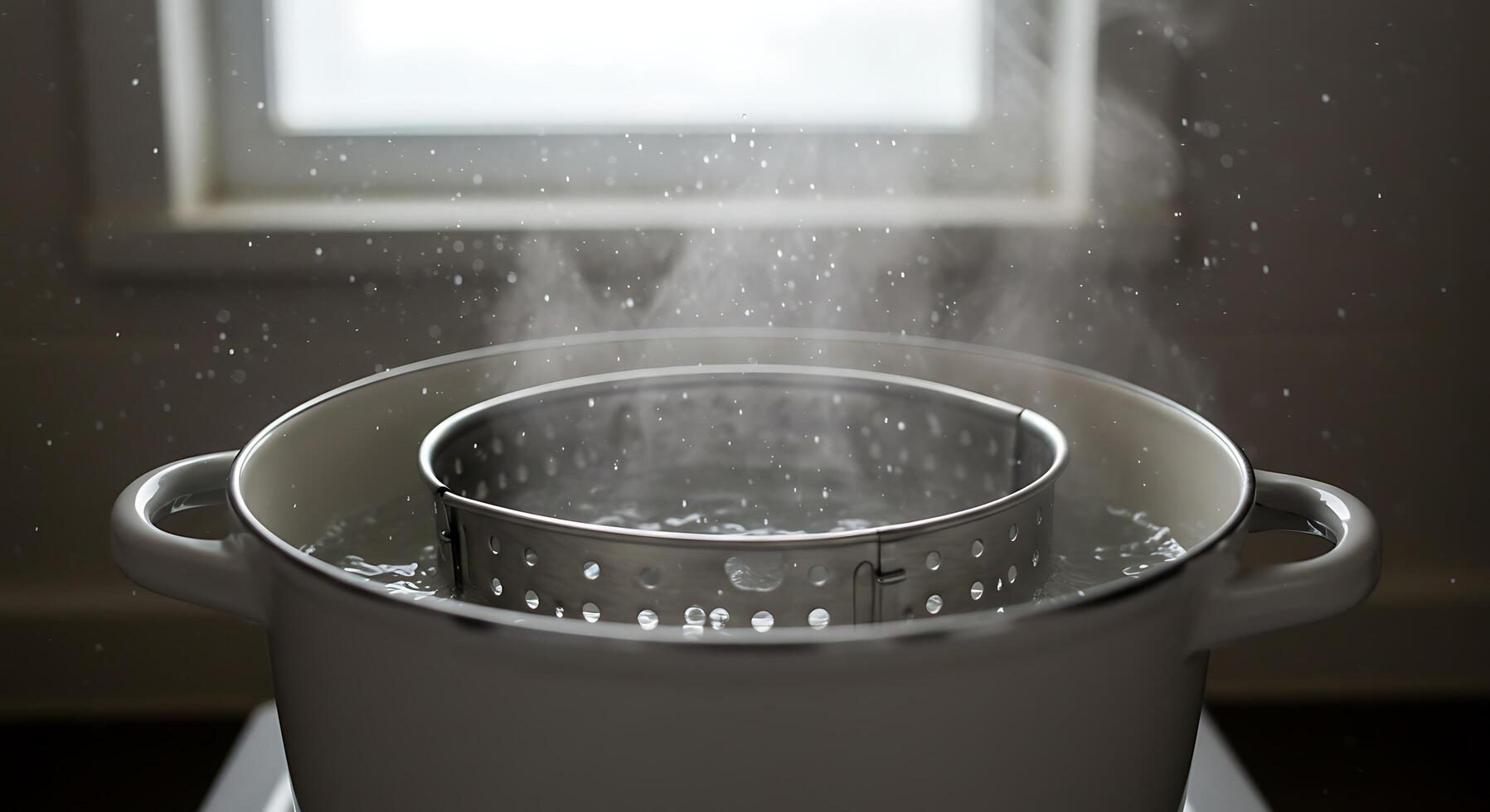 Water Boils in a Pot with Steamer Basket Inside Kitchen photo