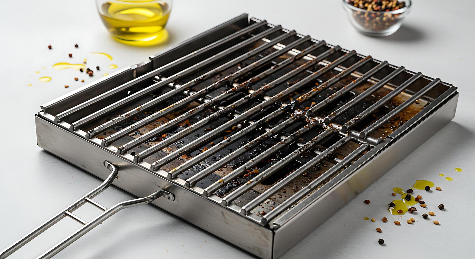 Used Grill Grate with Olive Oil and Pepper on a White Surface photo