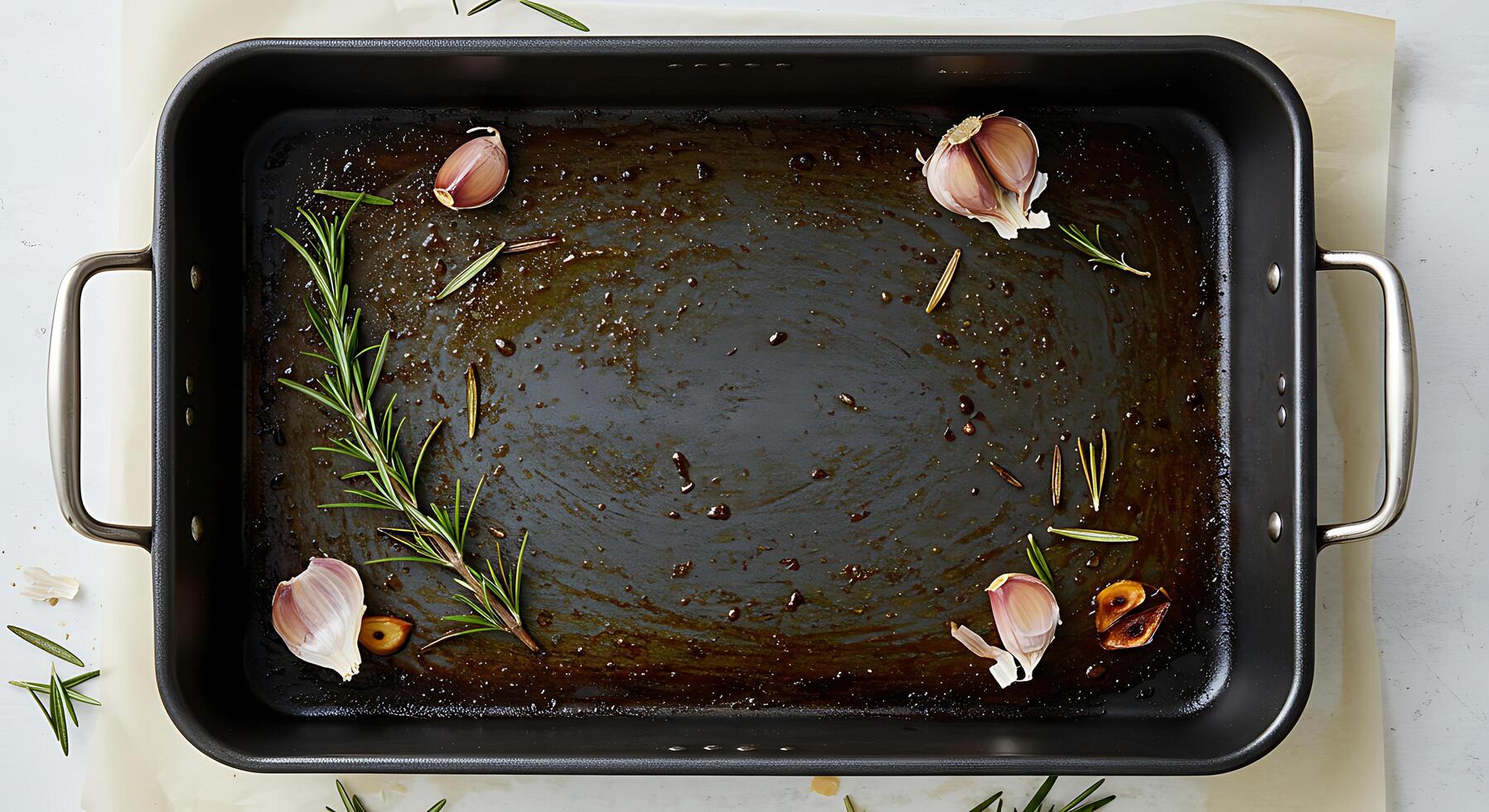 Roasting Pan with Garlic and Rosemary After Cooking a Meal photo