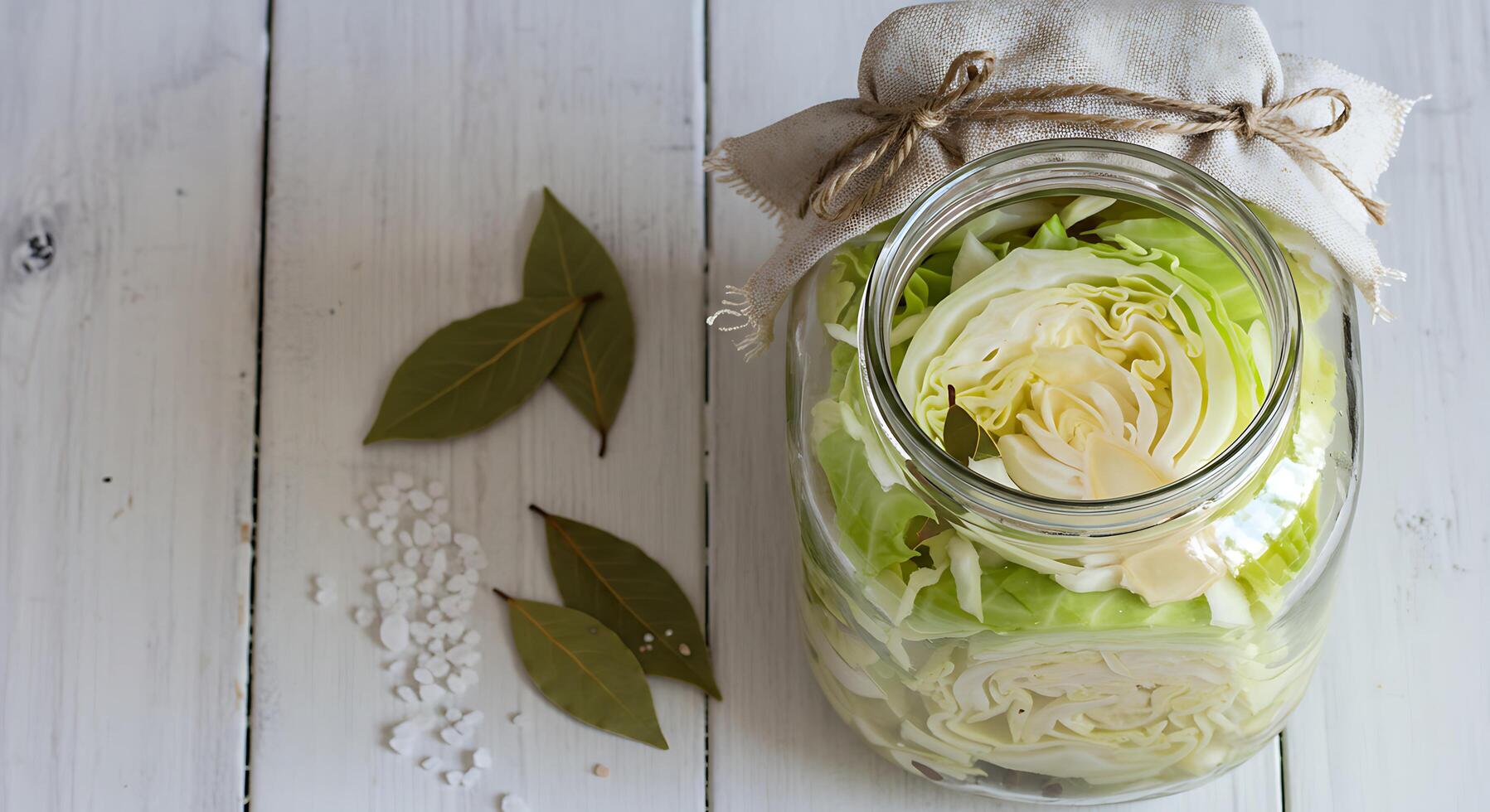 Preparing Cabbage for Fermentation in Glass Jar with Bay Leaves photo