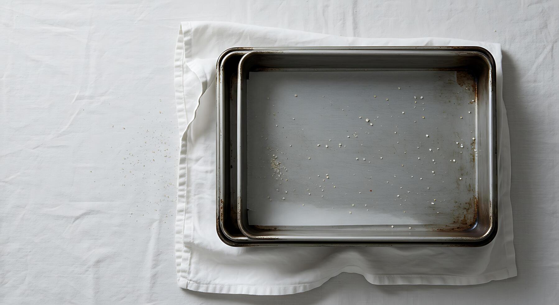 Empty Baking Pans Resting on White Cloth with Leftover Food photo