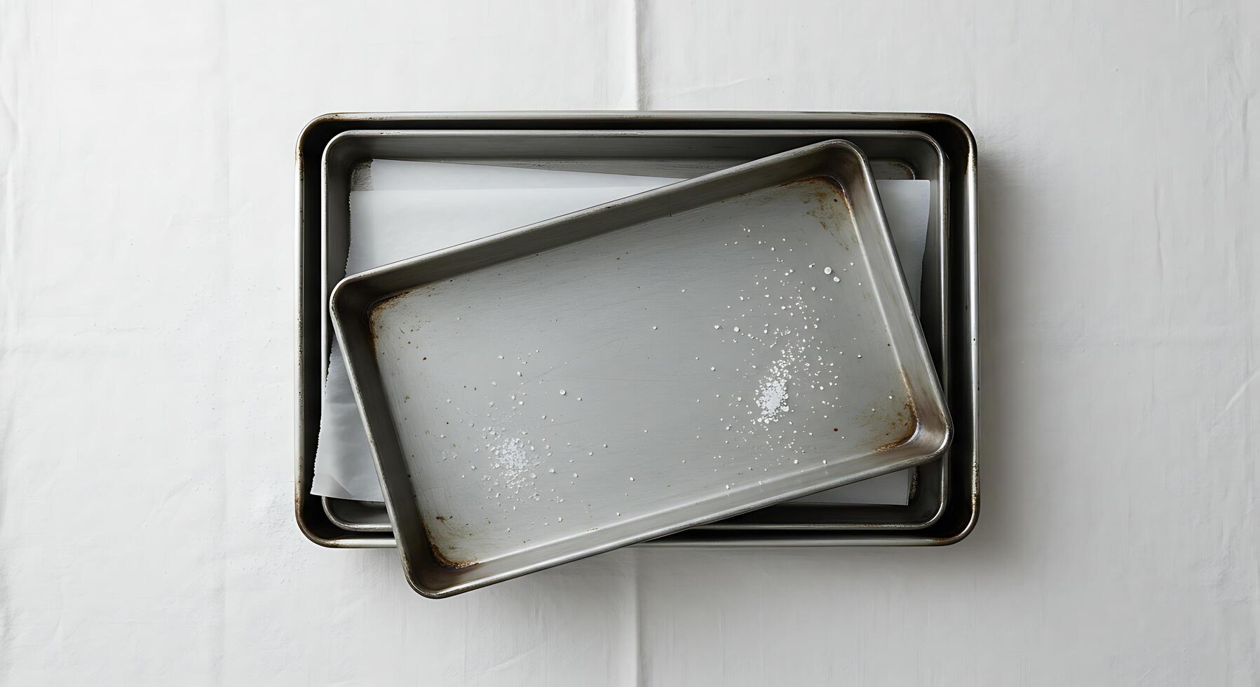 Overhead View of Baking Sheets and Parchment Paper on a White Surface photo
