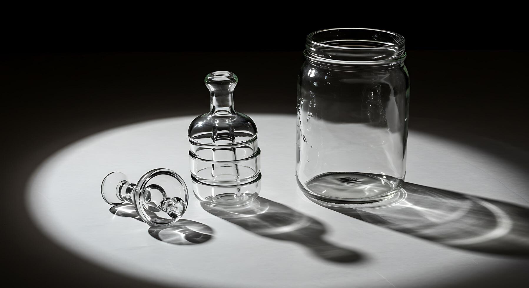 Glass Bottles and Jar Lit by a Spot Light with Shadows on a White Surface photo