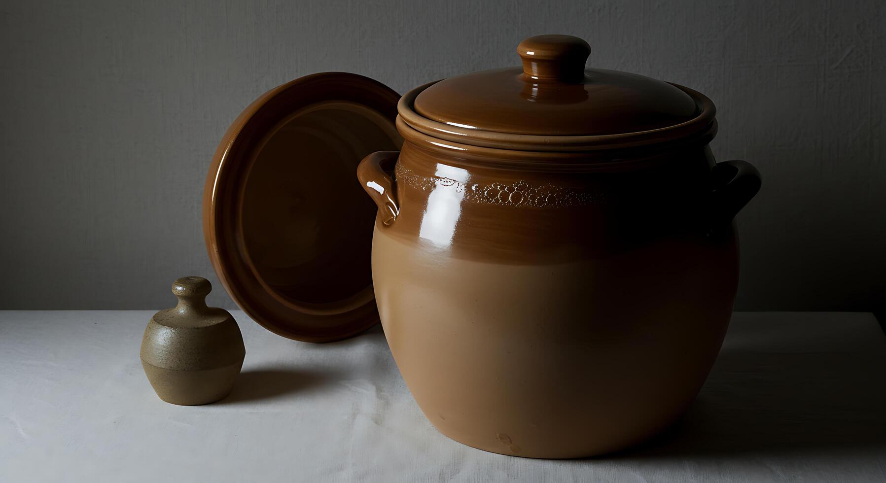 Still Life of Ceramic Pottery Objects with Lid and Open Container on White Table photo