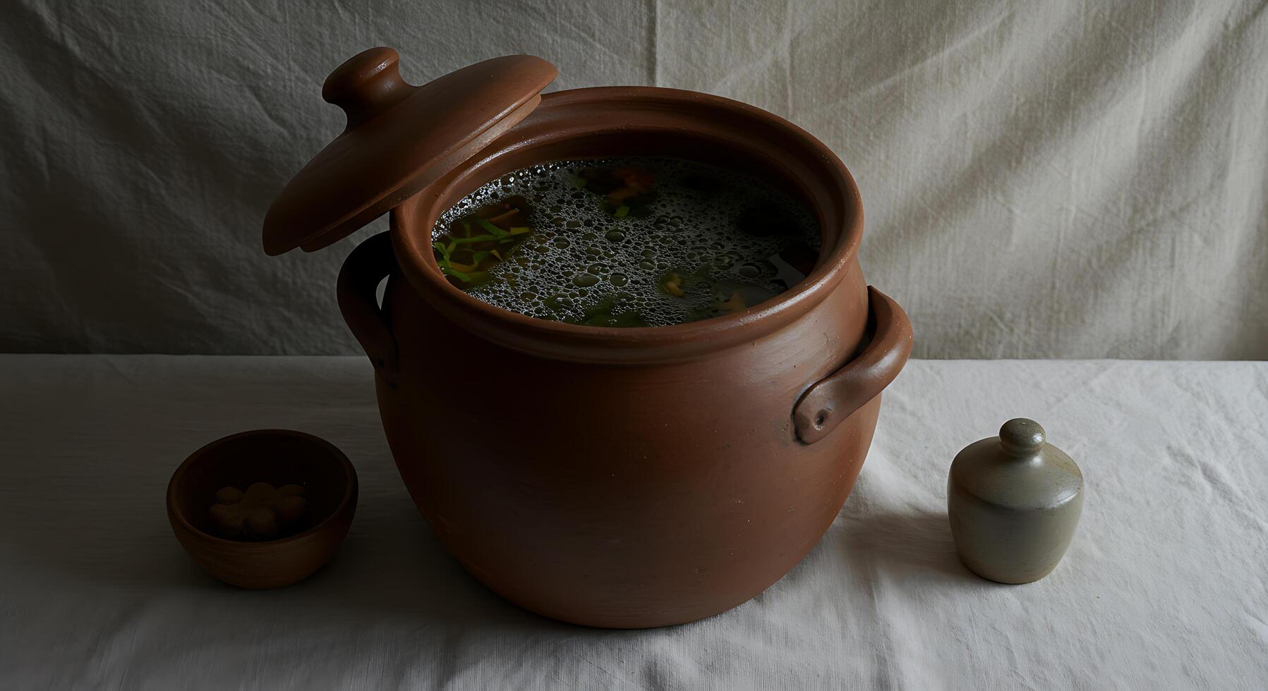 Cooking Soup in Clay Pot with Lid and Small Dishes photo